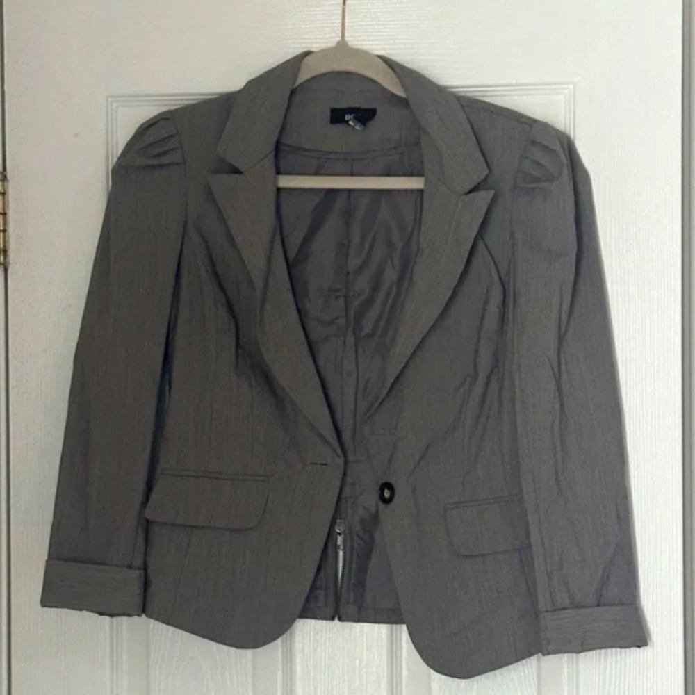 BCX Juniors Vintage Gray Grey Blazer Size Medium Cropped Y2K Retro 3/4 Sleeve